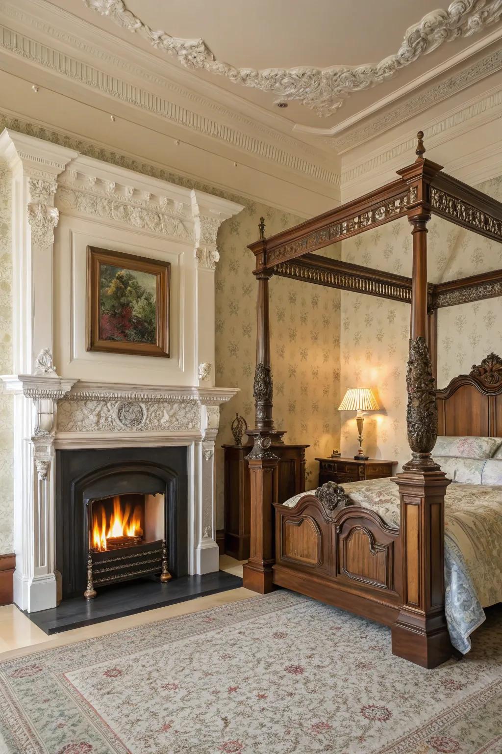 Classic refinement is achieved with an electric fireplace displaying elaborate accents.