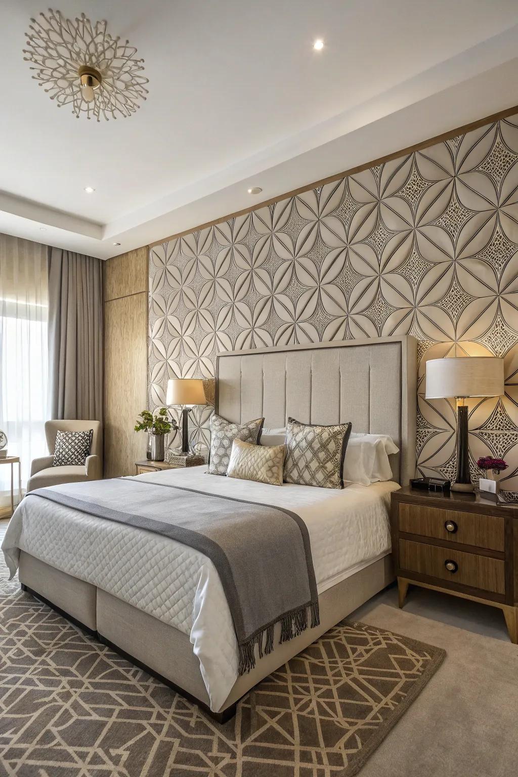 Geometric designs add modern dynamism to your headboard wall.