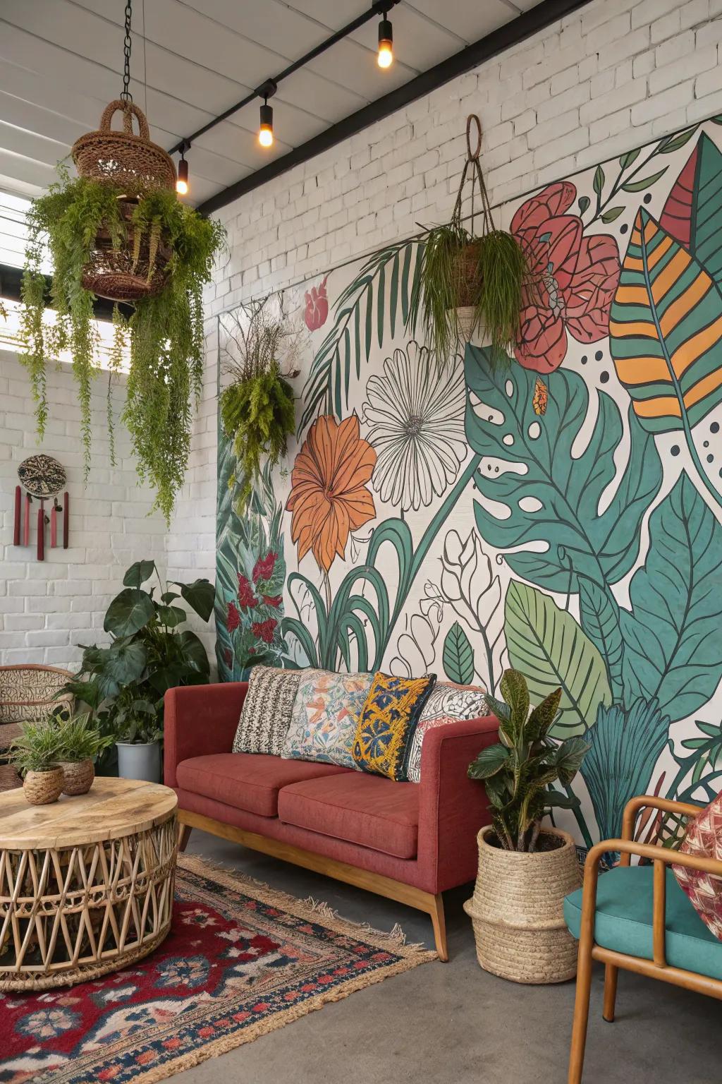 A personal painted wall adds beauty and inspiration.