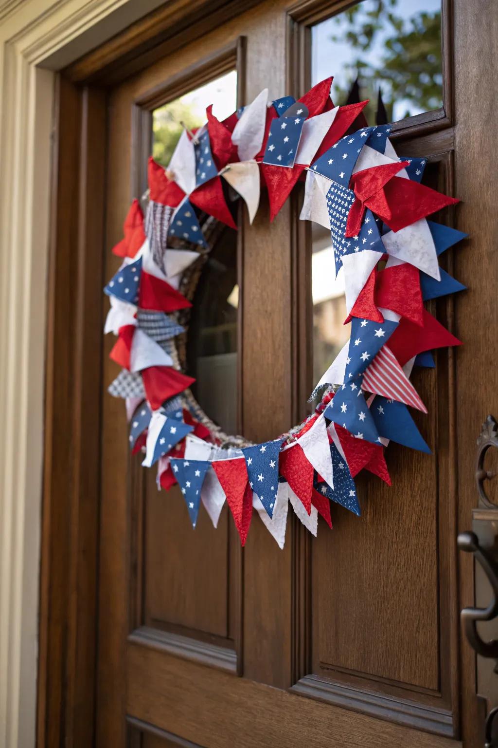 A striking display with textile flags on a wreath.