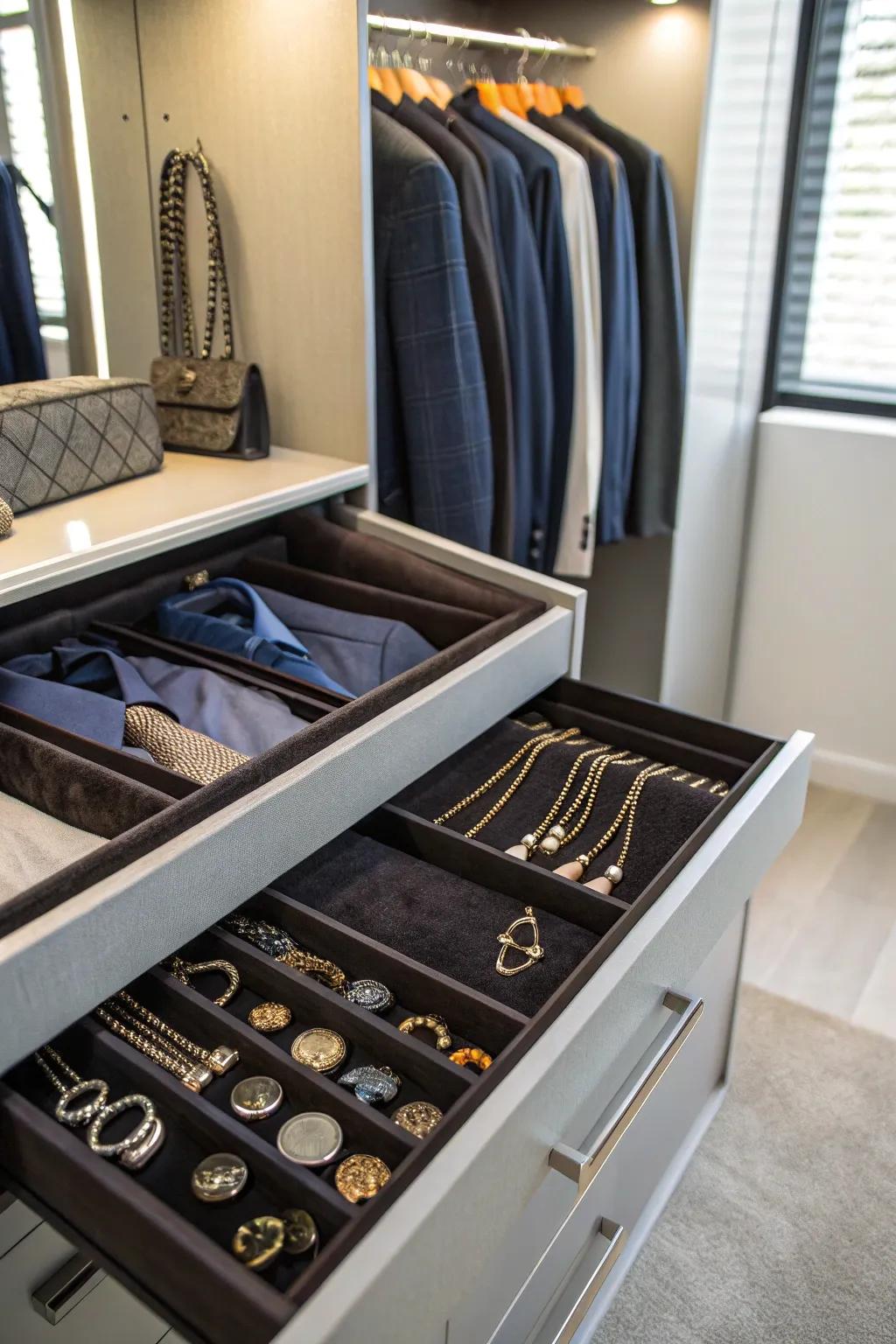A hidden tray that safely arranges jewelry and accessories.