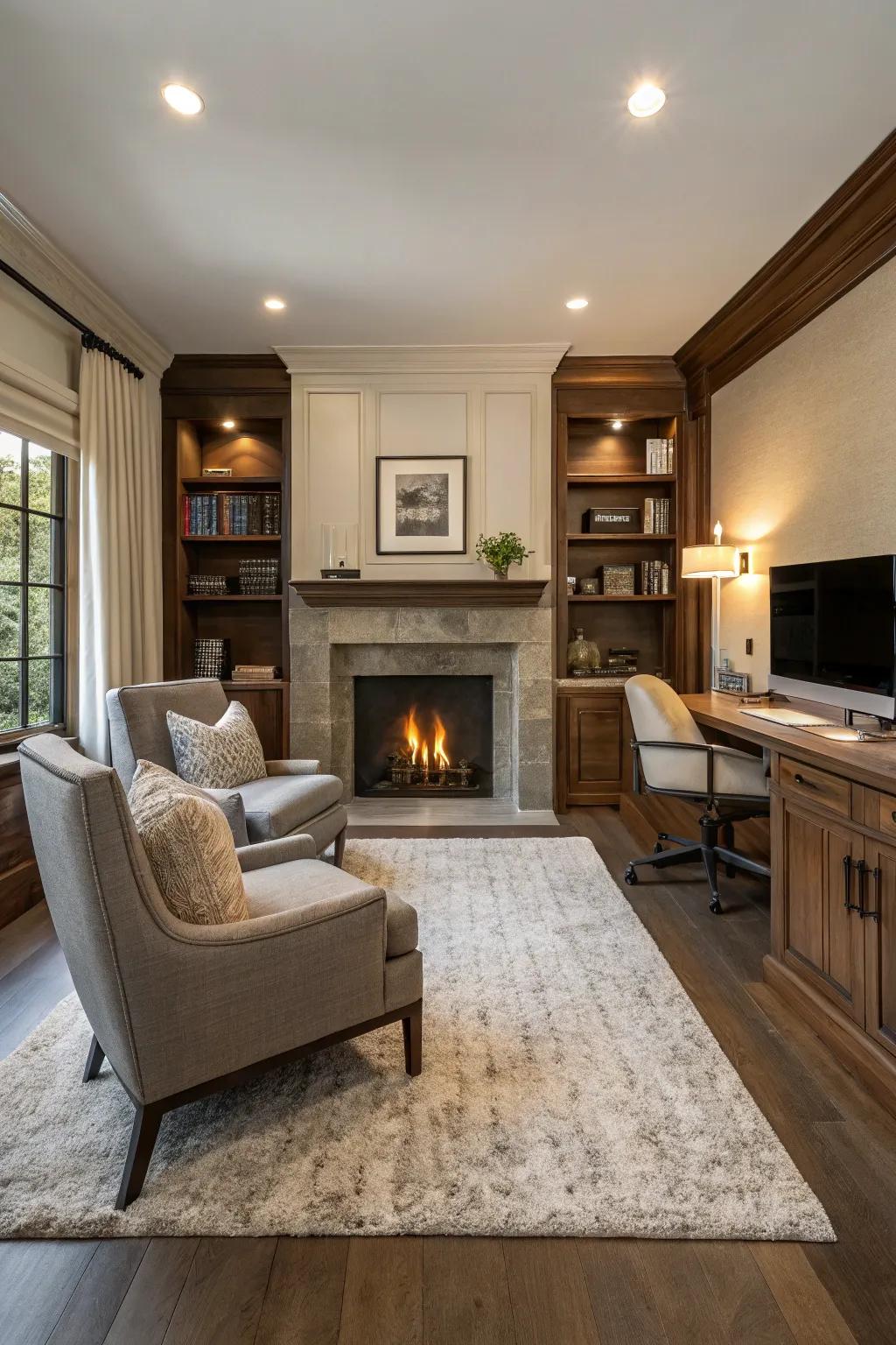 A fireplace exudes warmth and elegance in this home office.