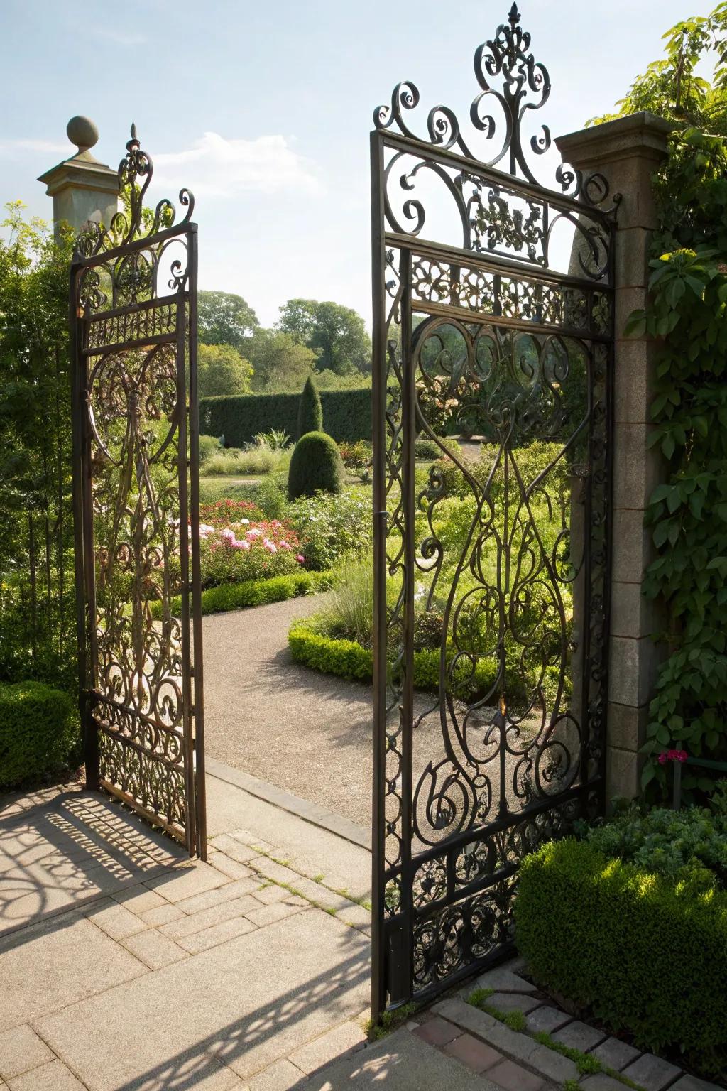 Metal screen gates extend privacy with an artistic flair.