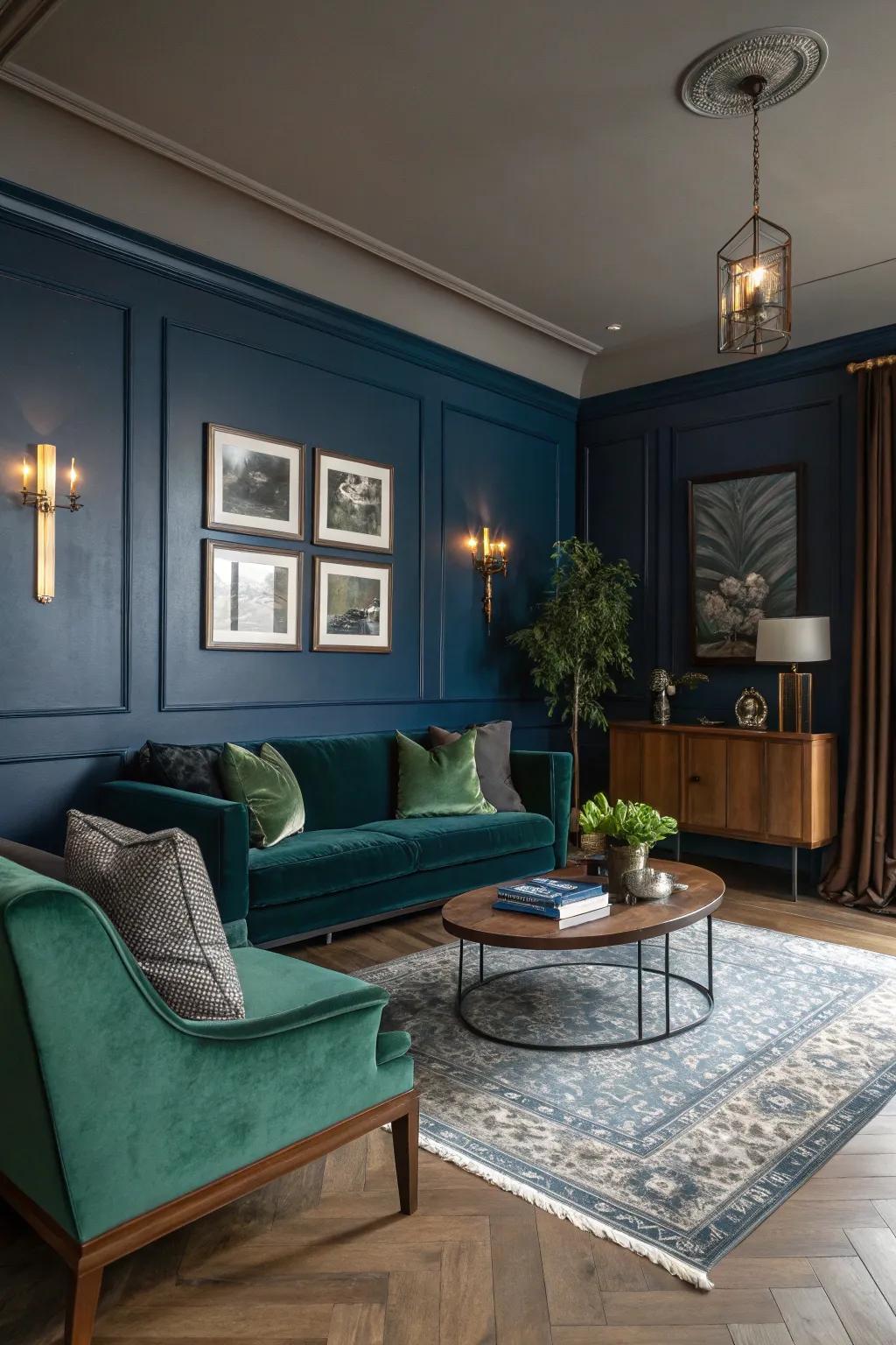 Deep colors such as deep blue and forest green create a sophisticated ambiance in this mid-century modern living space.
