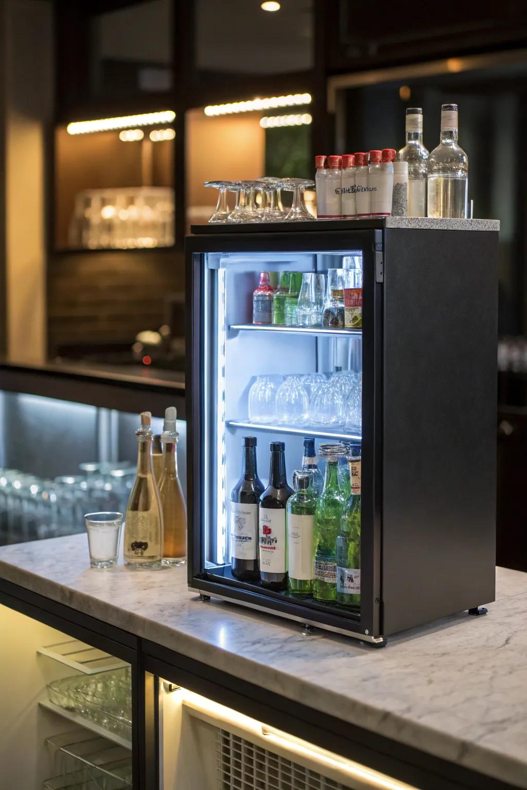 Energy-saving LEDs maintain the eco-friendliness of the home bar.