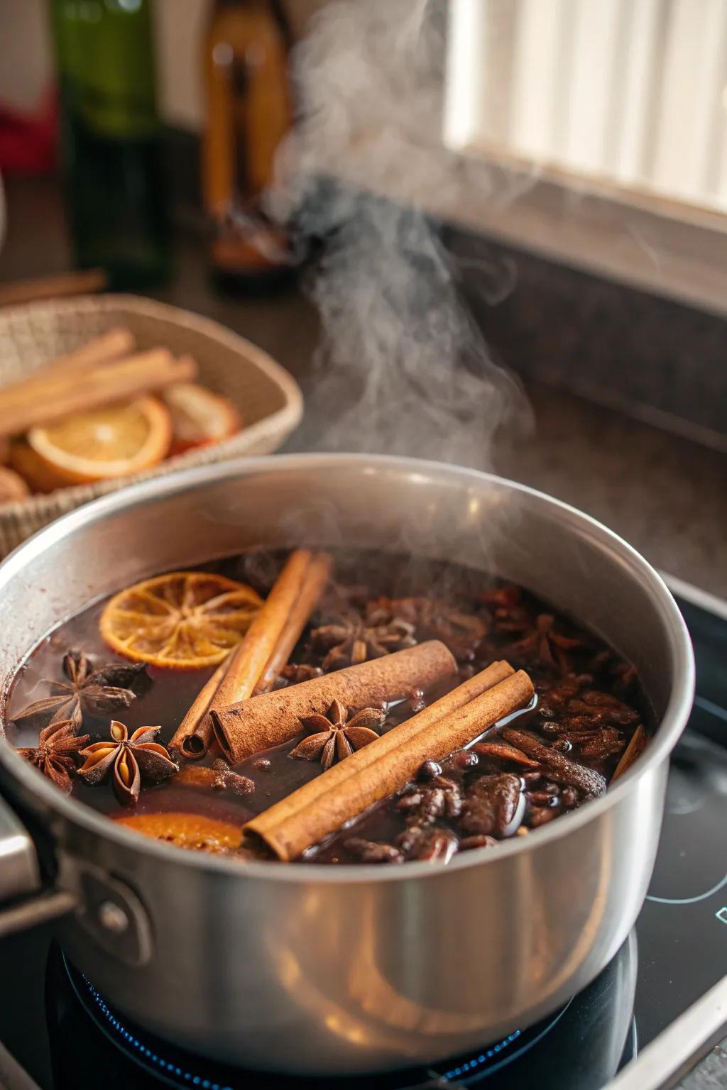 Cinnamon bark and cloves simmering to manifest a natural holiday aroma.