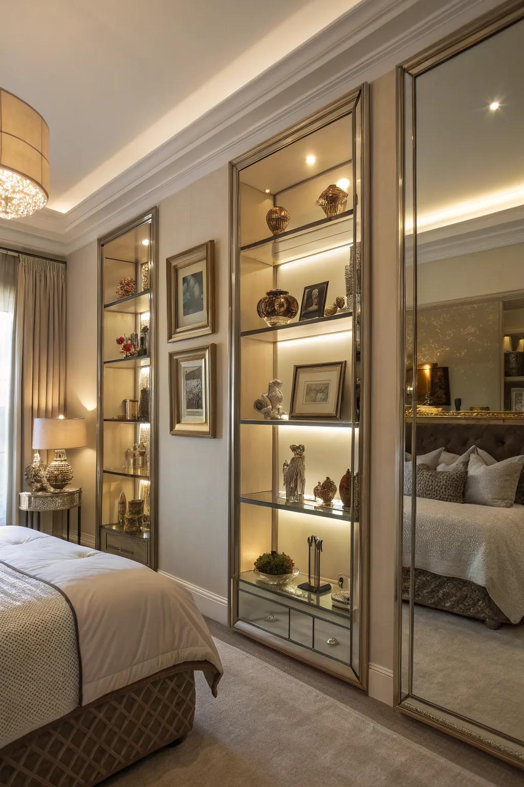 Mirrored shelves enhance aesthetics and reflect light in style.