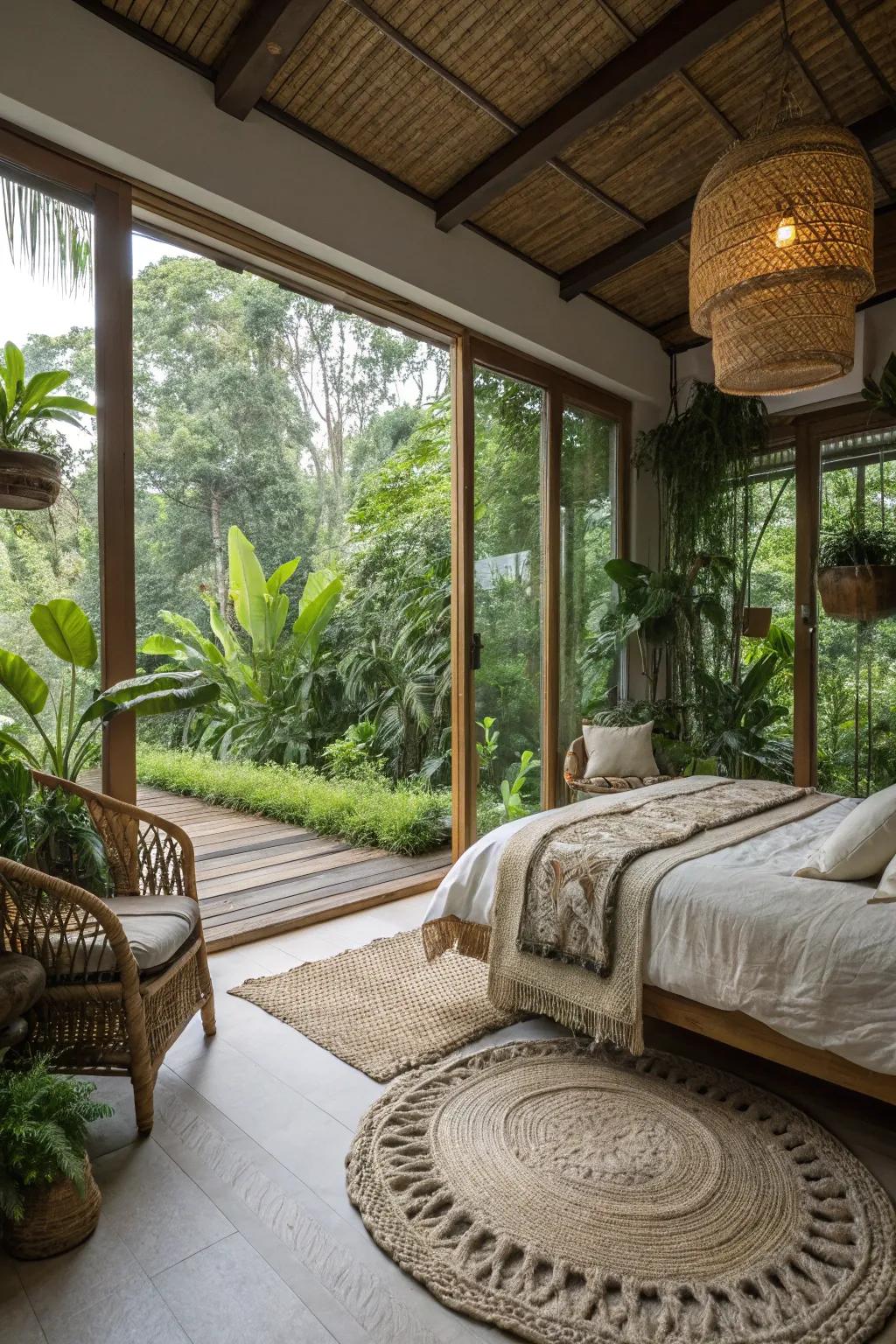 Natural components create a serene bedroom atmosphere.