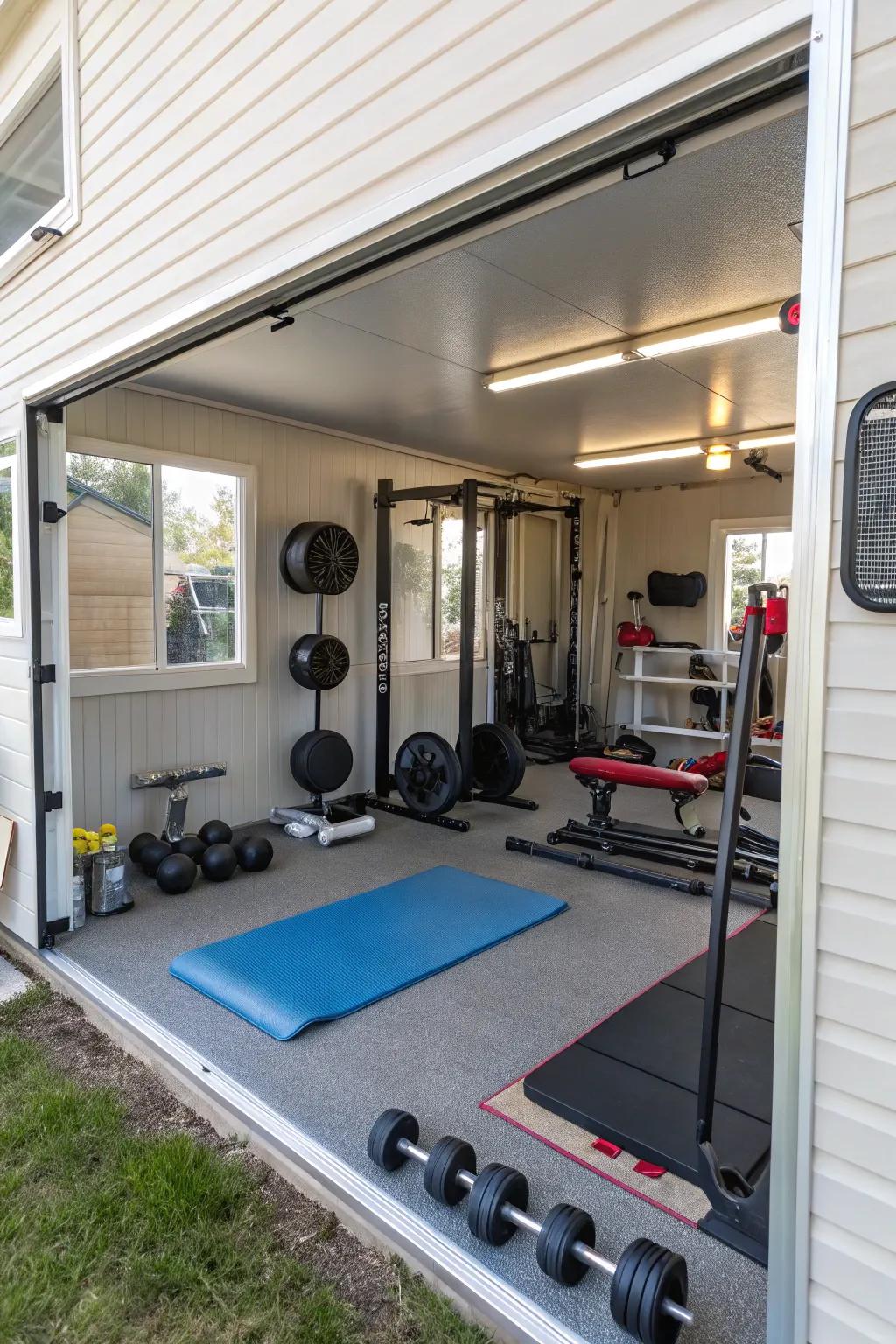 A home fitness zone featuring exercise gear and mirrors, sketched out for convenient workouts at home.