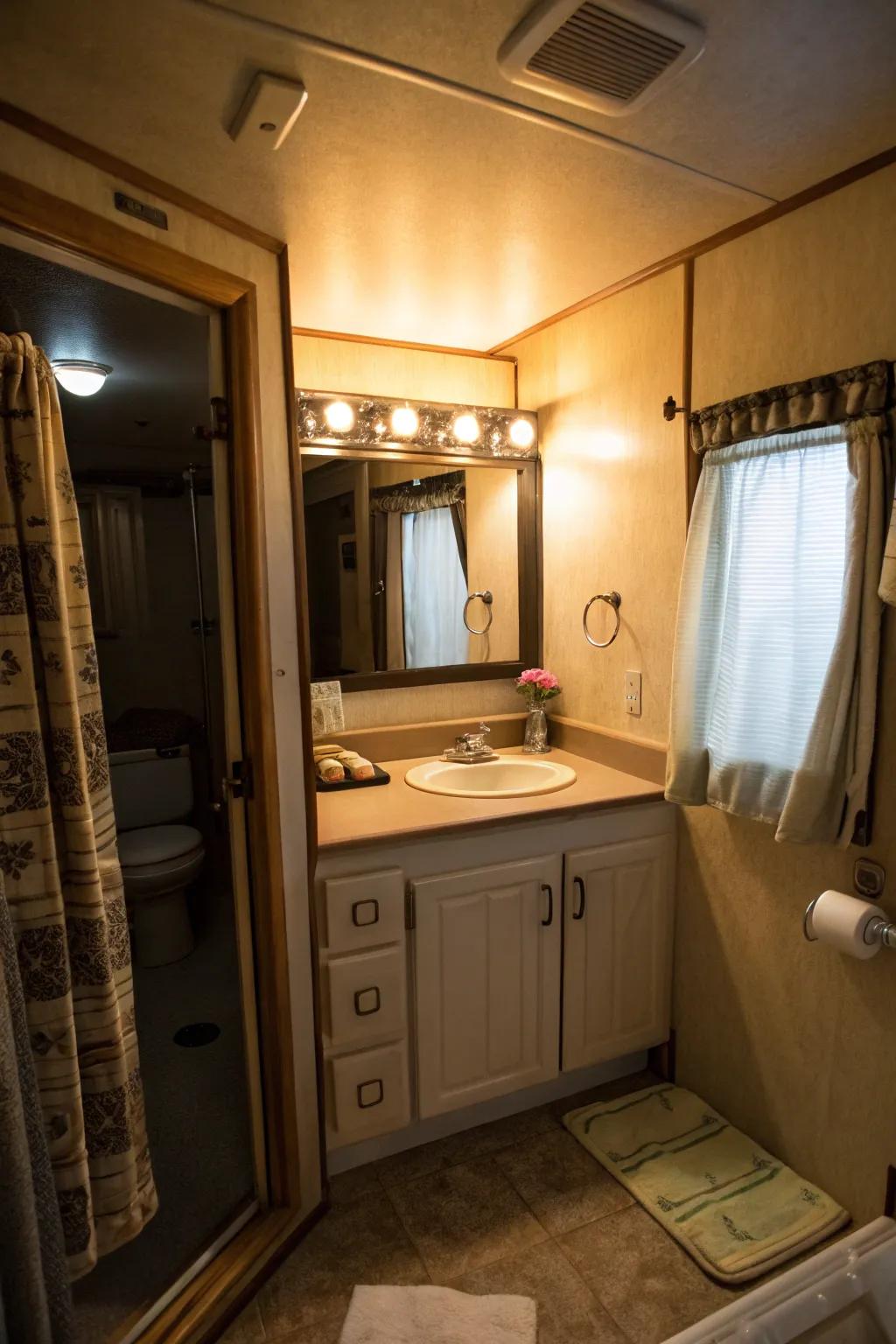 Sub-cabinet illumination appends a genial and inviting atmosphere to this bathroom.