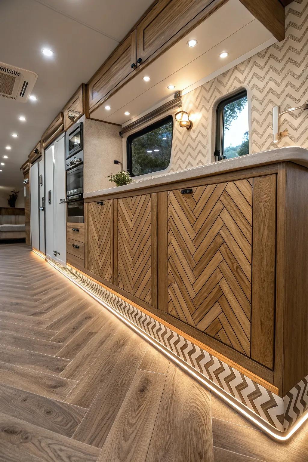 Mixing chevron and herringbone patterns adds elegance and complexity to your skirting.