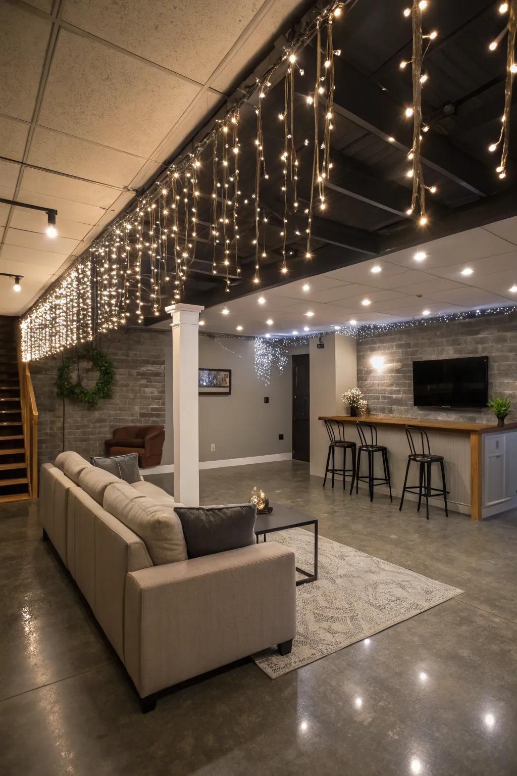 Sprite lights contribute a whimsical and cozy accent to the basement.