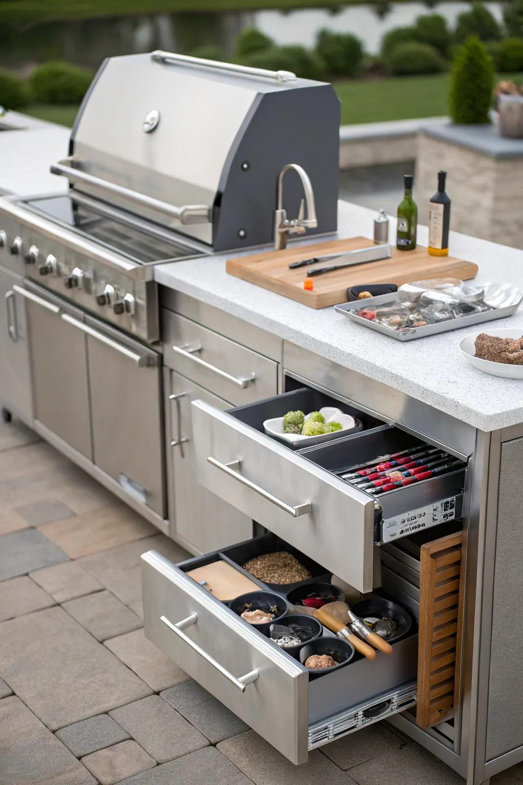 Smart storage solutions keep your BBQ island organized.
