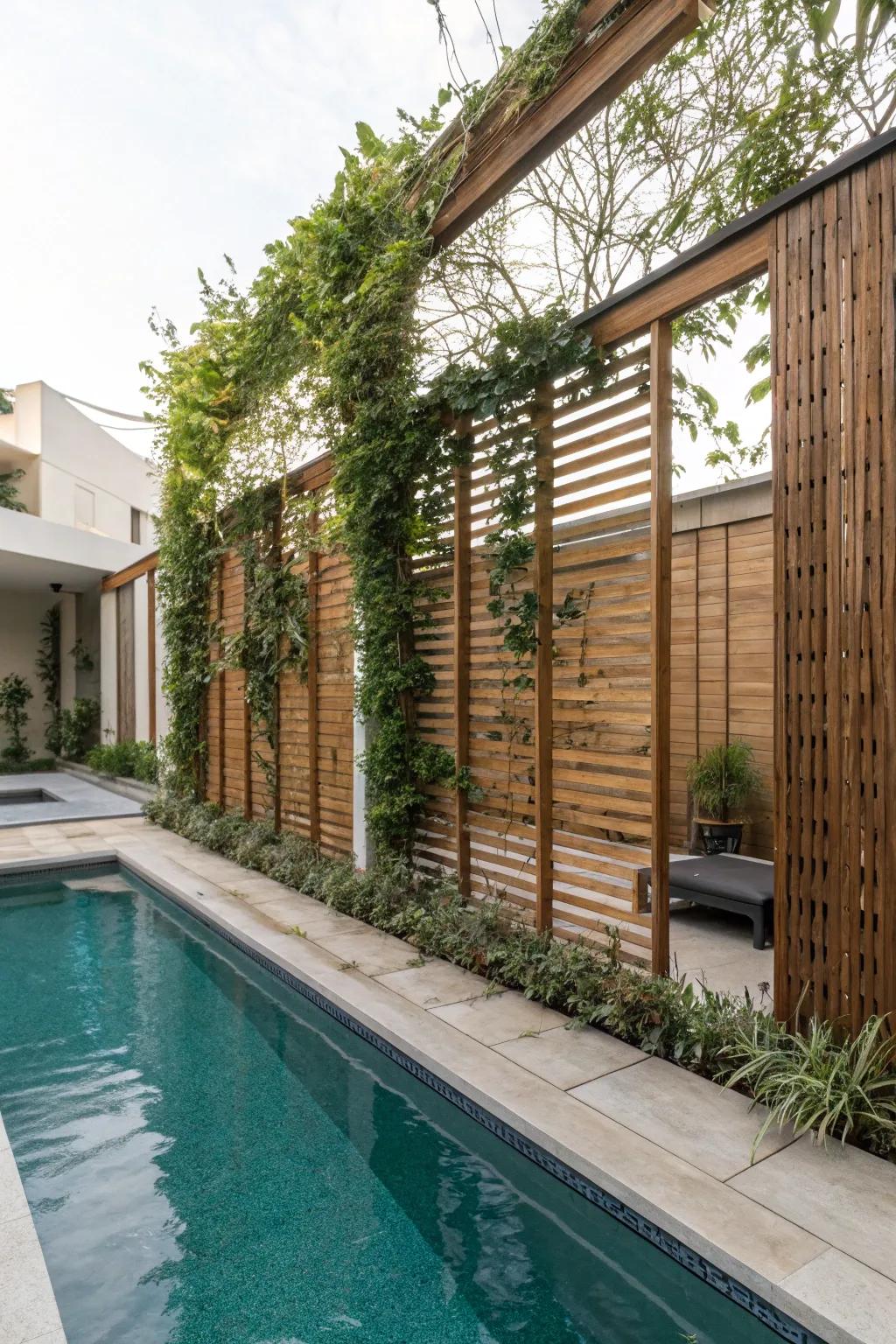 Seclusion screens fashion an intimate pool setting.