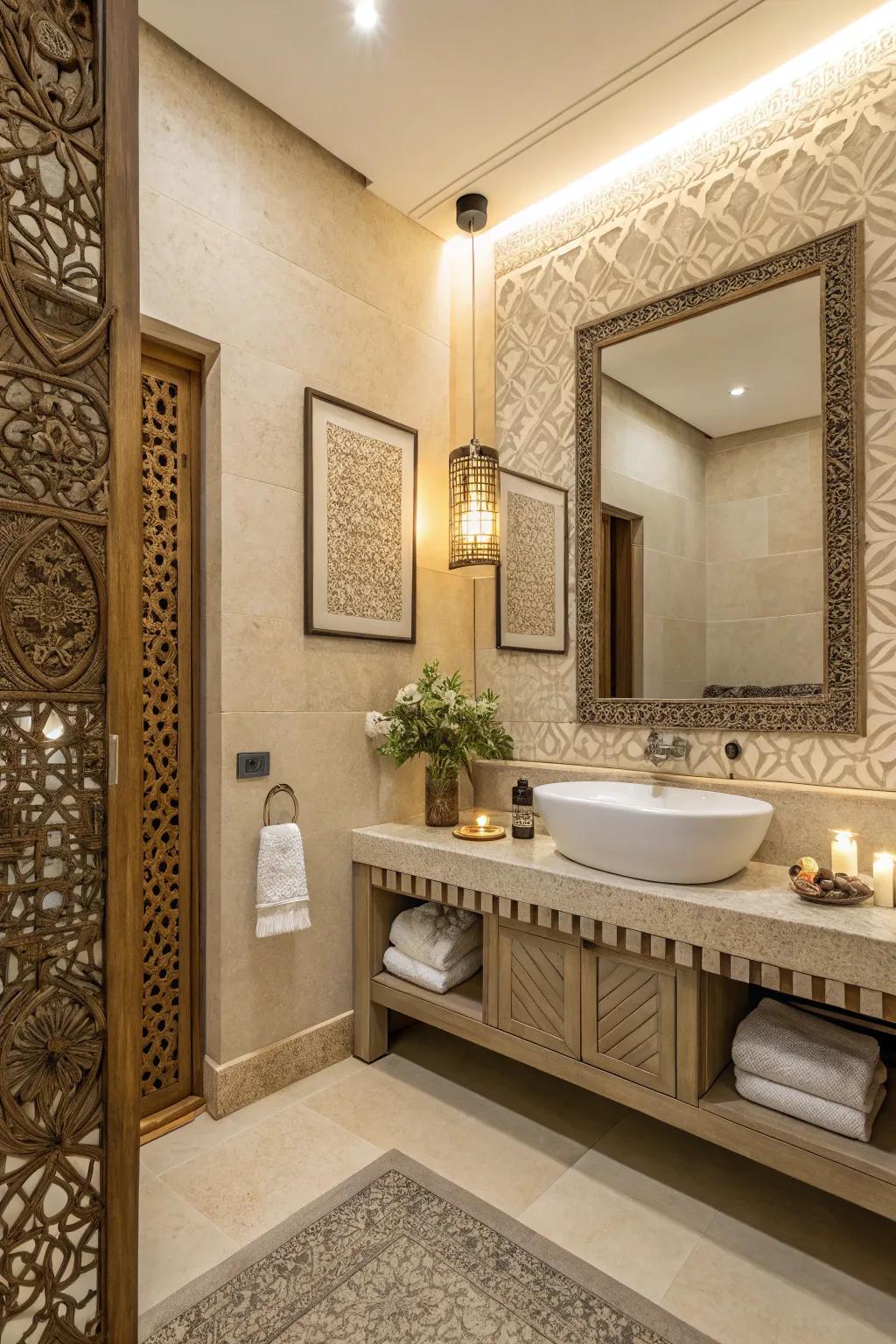 Cultural fusion brings a unique twist to a modern beige bathroom.