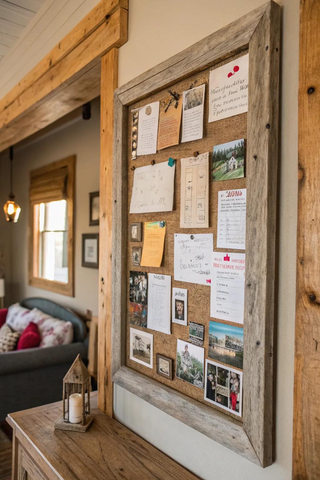 Reclaimed wood frames add warmth and rustic charm to notice boards.