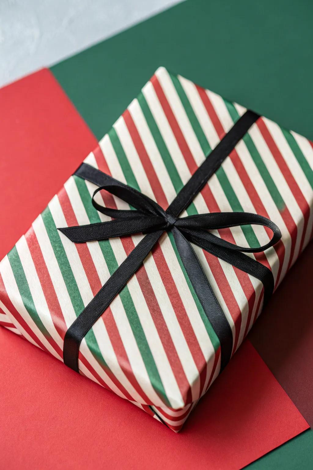 A striking gift swathed in bold stripes, poised to stand out beneath the yuletide tree.