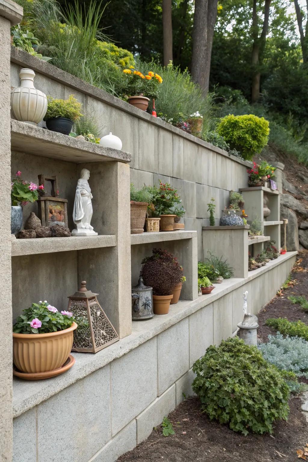 Concrete wall featuring integrated shelves for decor.