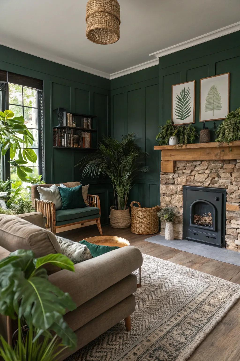 Nature inspired design elements add to the peace of a dark green living space.