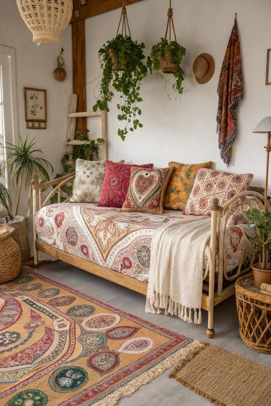 Paisley patterns add a boho appeal and richness to a daybed.