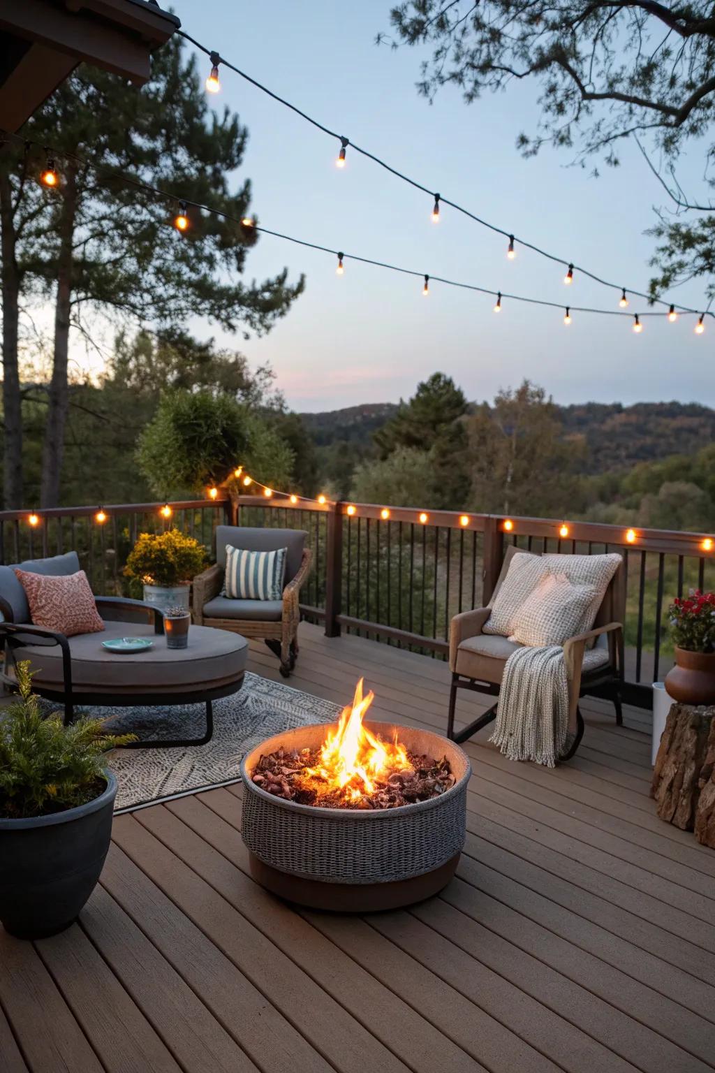 A deck with an outdoor hearth to make it warm and welcoming.