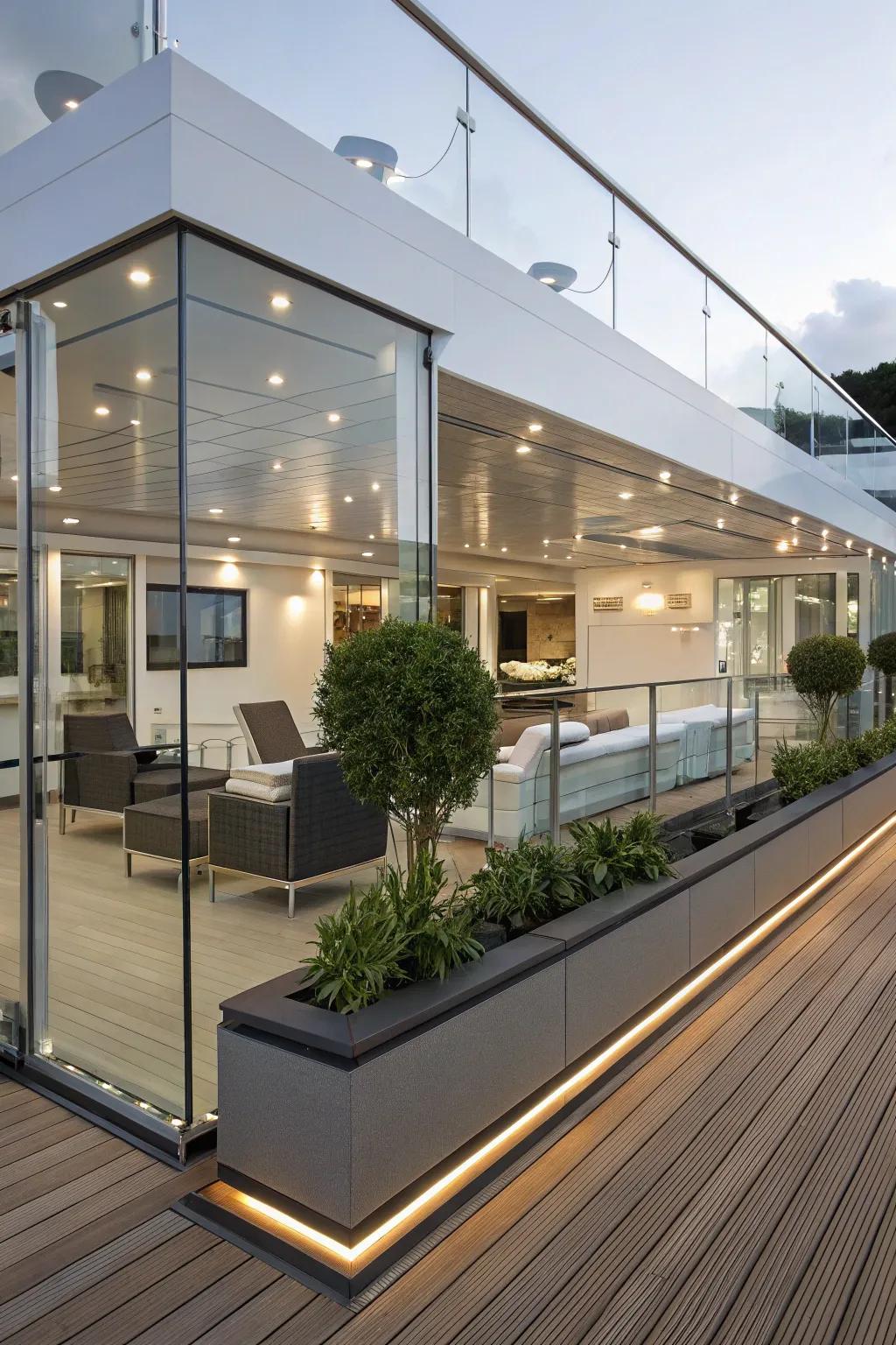 Glass boards affix a futuristic and opulent vibe to deck skirtings.