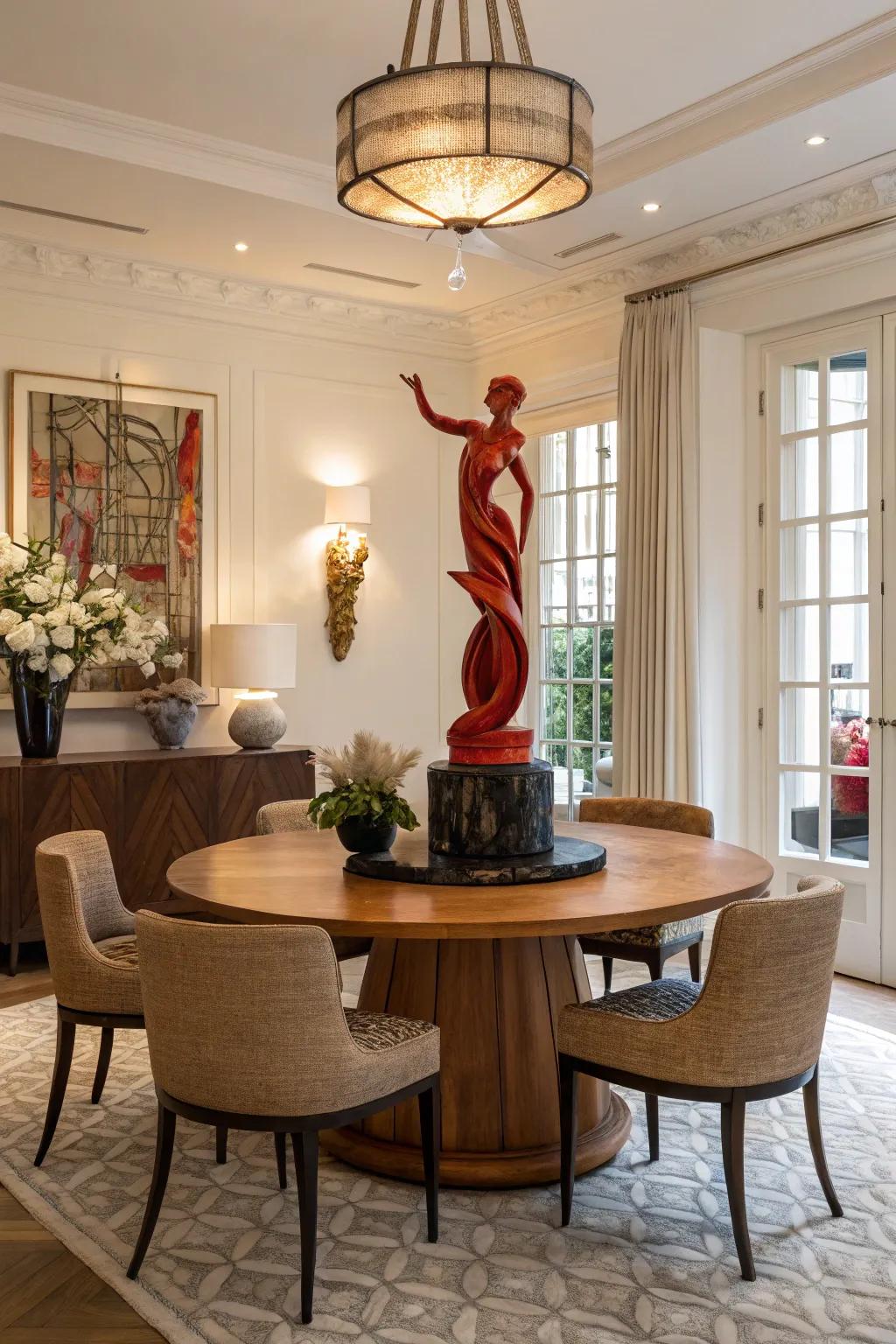 Unforeseen elements like sculptures fashion focal points in the dining room.