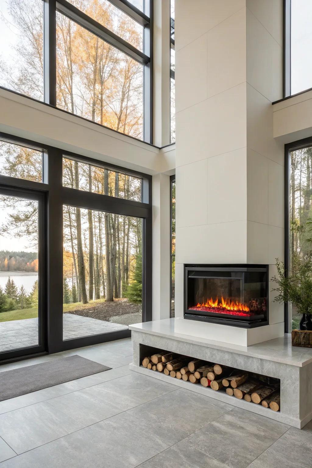 A modern home showcases an energy-efficient electric fireplace with sustainable design.