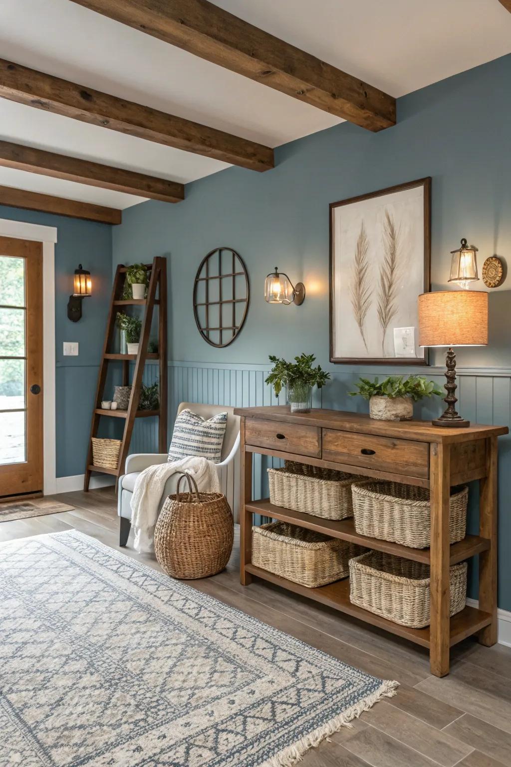 Unexpected hues like dusty blue impart a refreshing twist to this farmhouse interior.