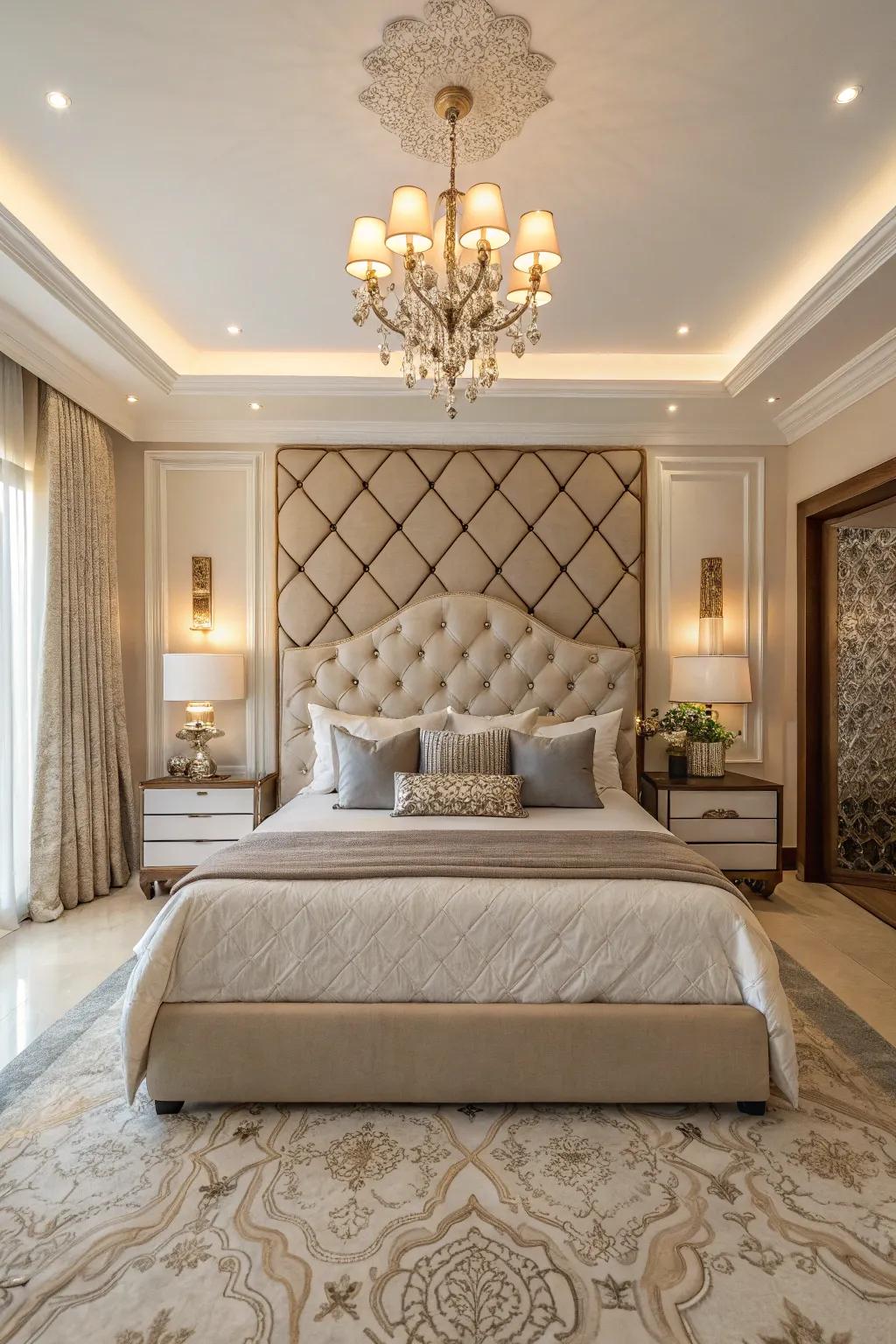 Statement headboards serve as a striking focal point in the chamber.