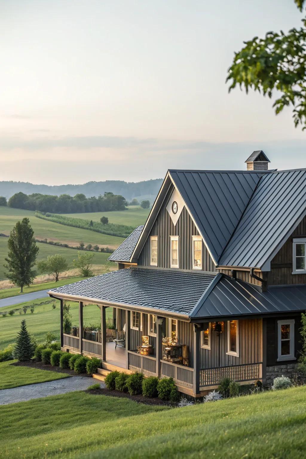 Classic elegance: A farmhouse displaying a deep soot metal top.