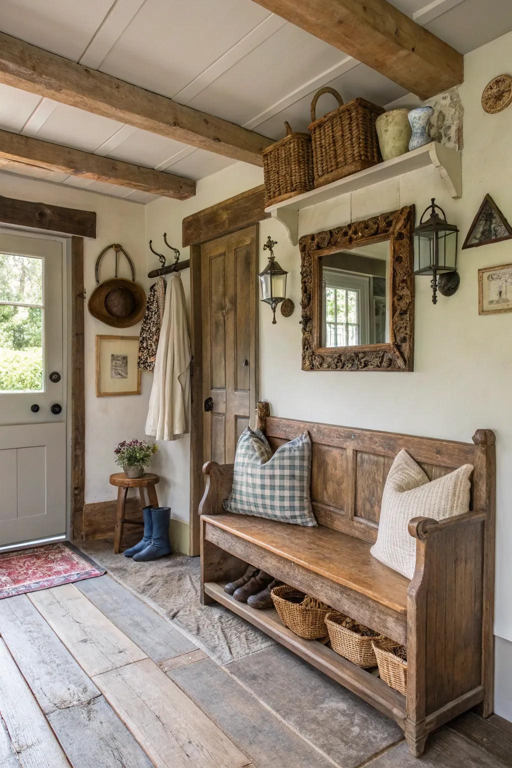 Distinctive mudroom presenting a vintage bench and ornamental elements.