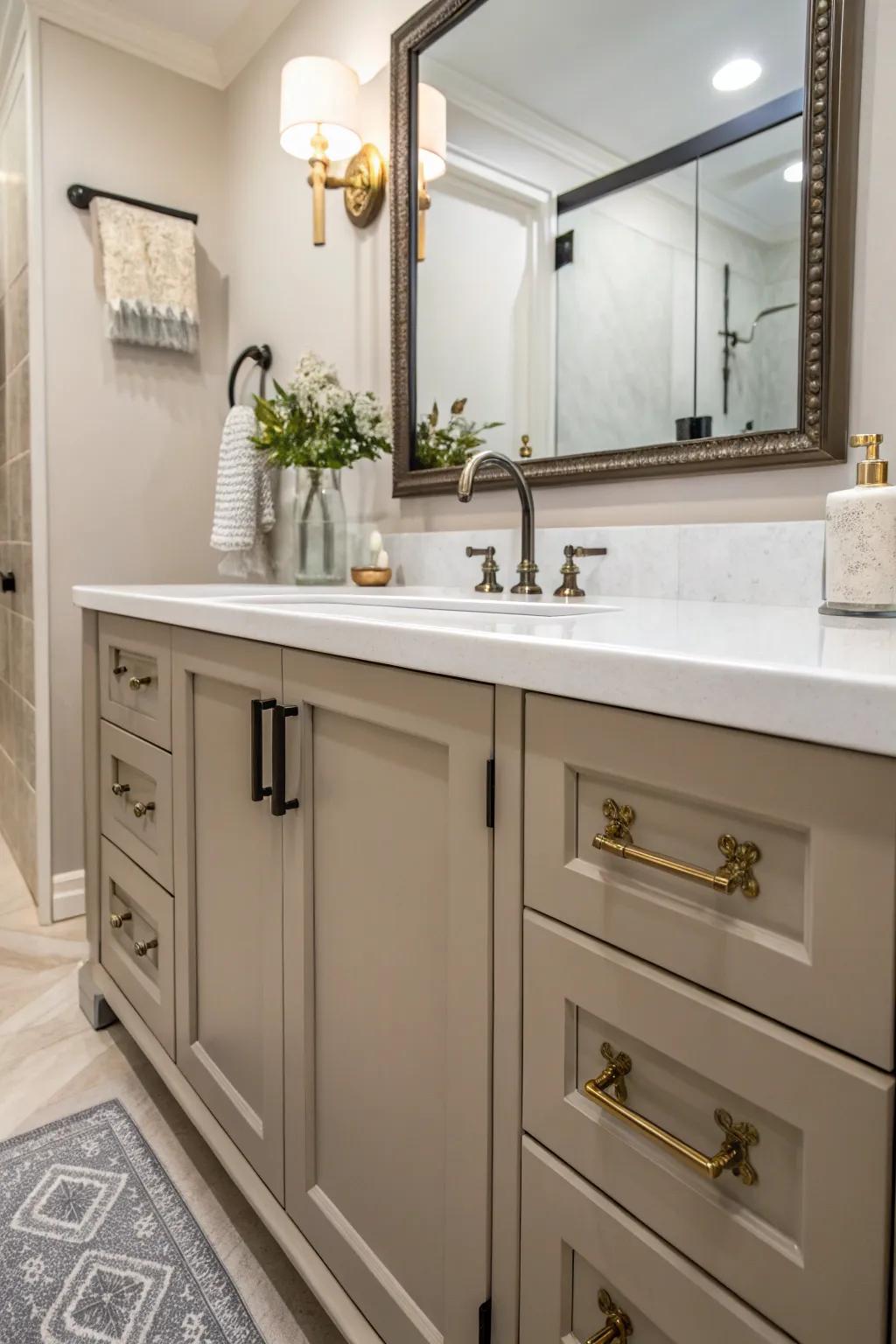 Unique hardware on dresser and cabinets in a washroom.