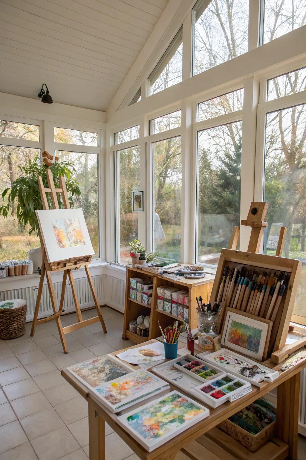 An inspiring art studio brimming with natural illumination and ingenuity.