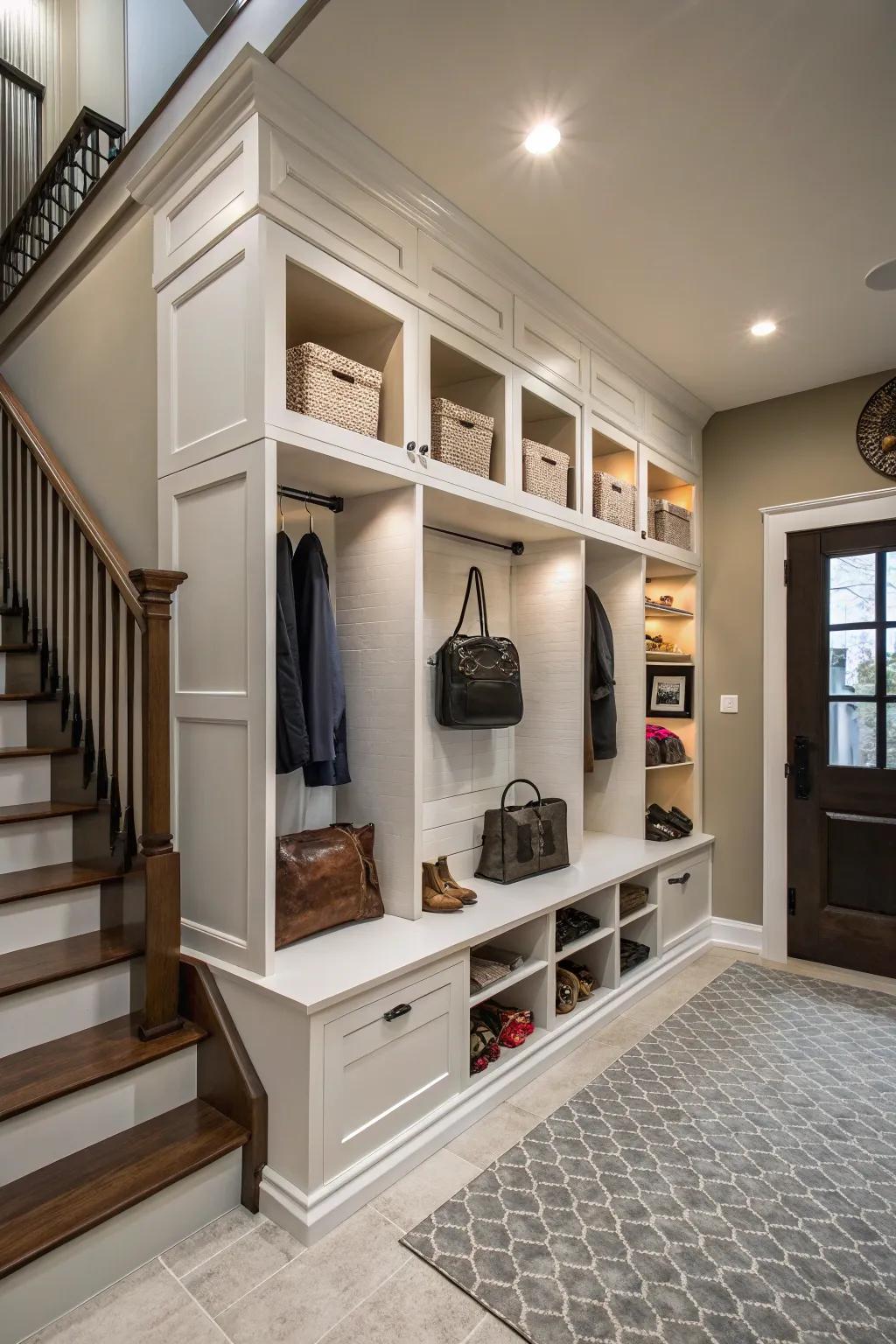 Creative storage solutions keep this modern entrance hall organized and tidy.
