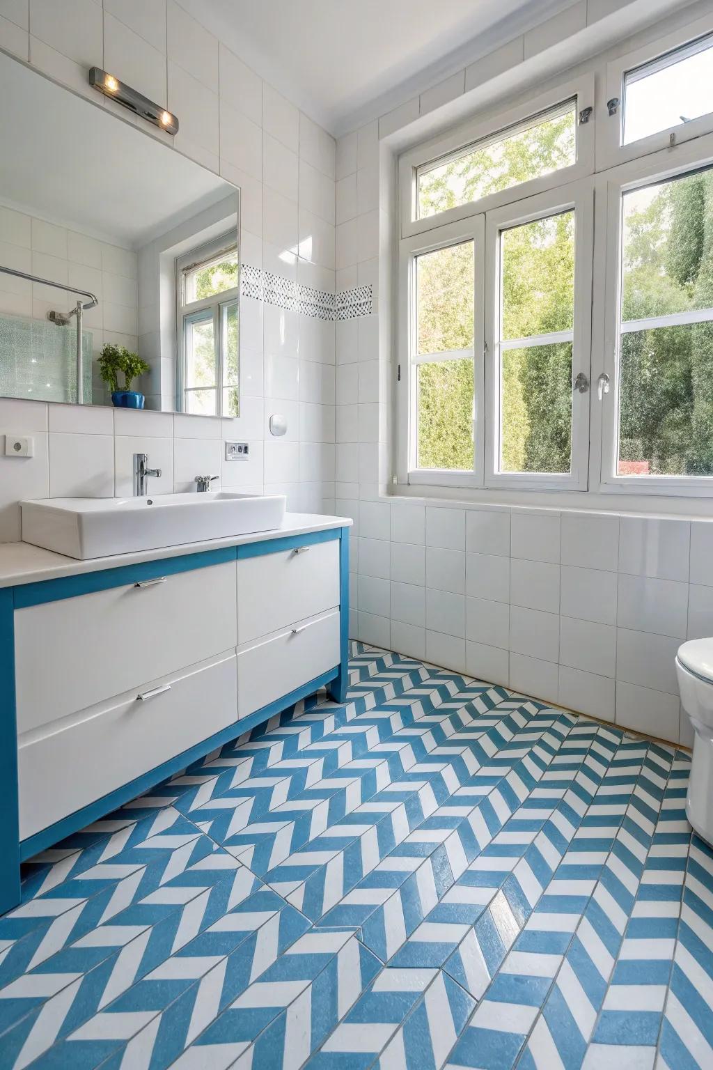 A bathroom exhibiting playful chevron patterned floor tiles for appended character.