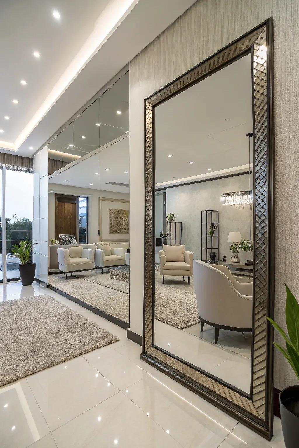A contemporary interior featuring a large mirror enhancing space.