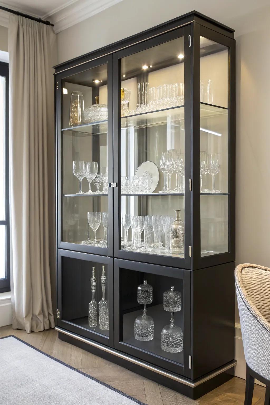 Clear features offer a modern and airy vibe to the display cabinet.