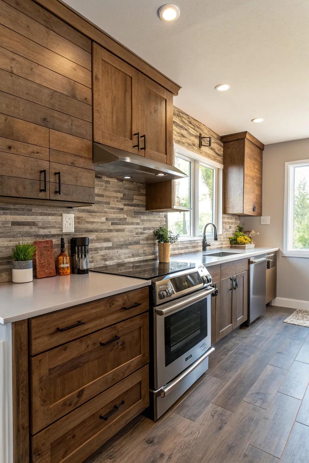 Timber-effect ceramics offer warmth and durability.