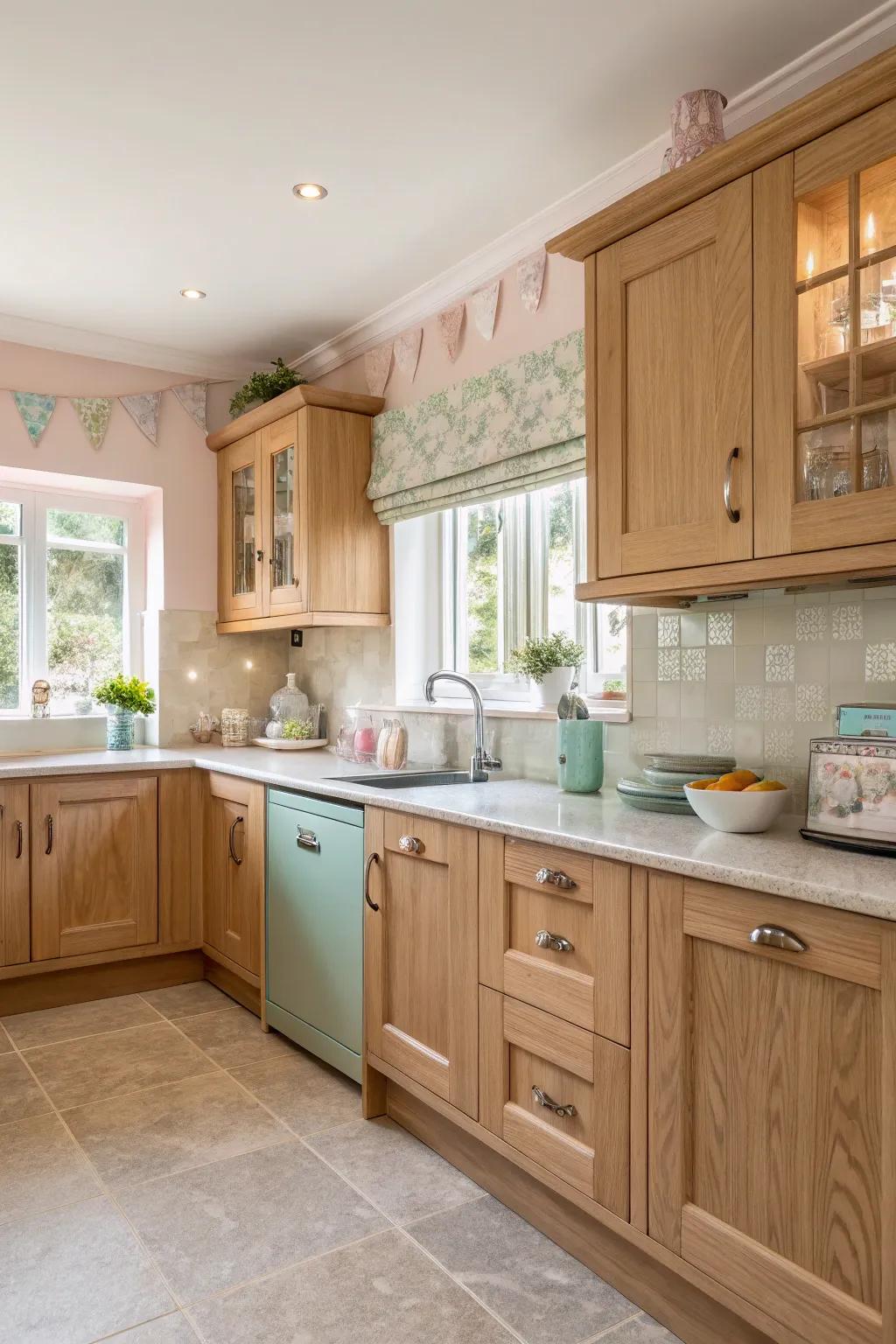 Pale accents bring a soft, calming touch to cooking spaces with timber vanities.
