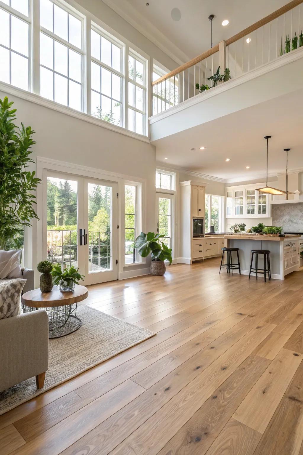 A smooth flow is achieved with consistent bright wood flooring.