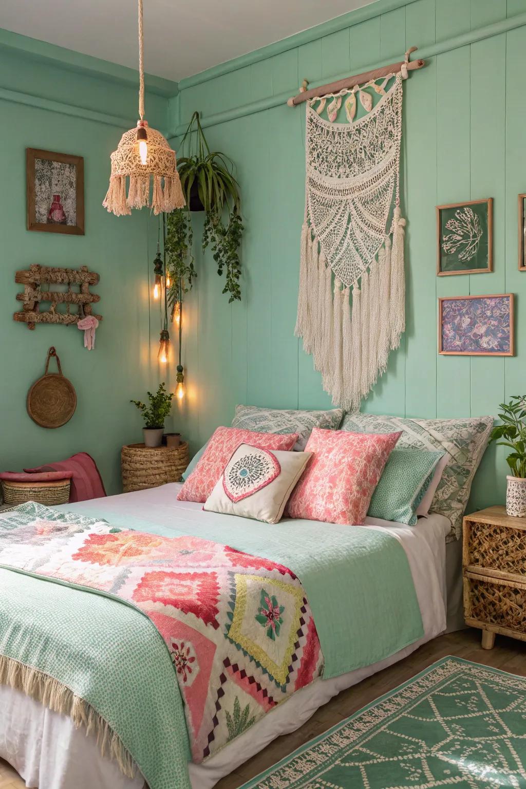 Eclectic bohemian style in a seafoam serenity bedroom.