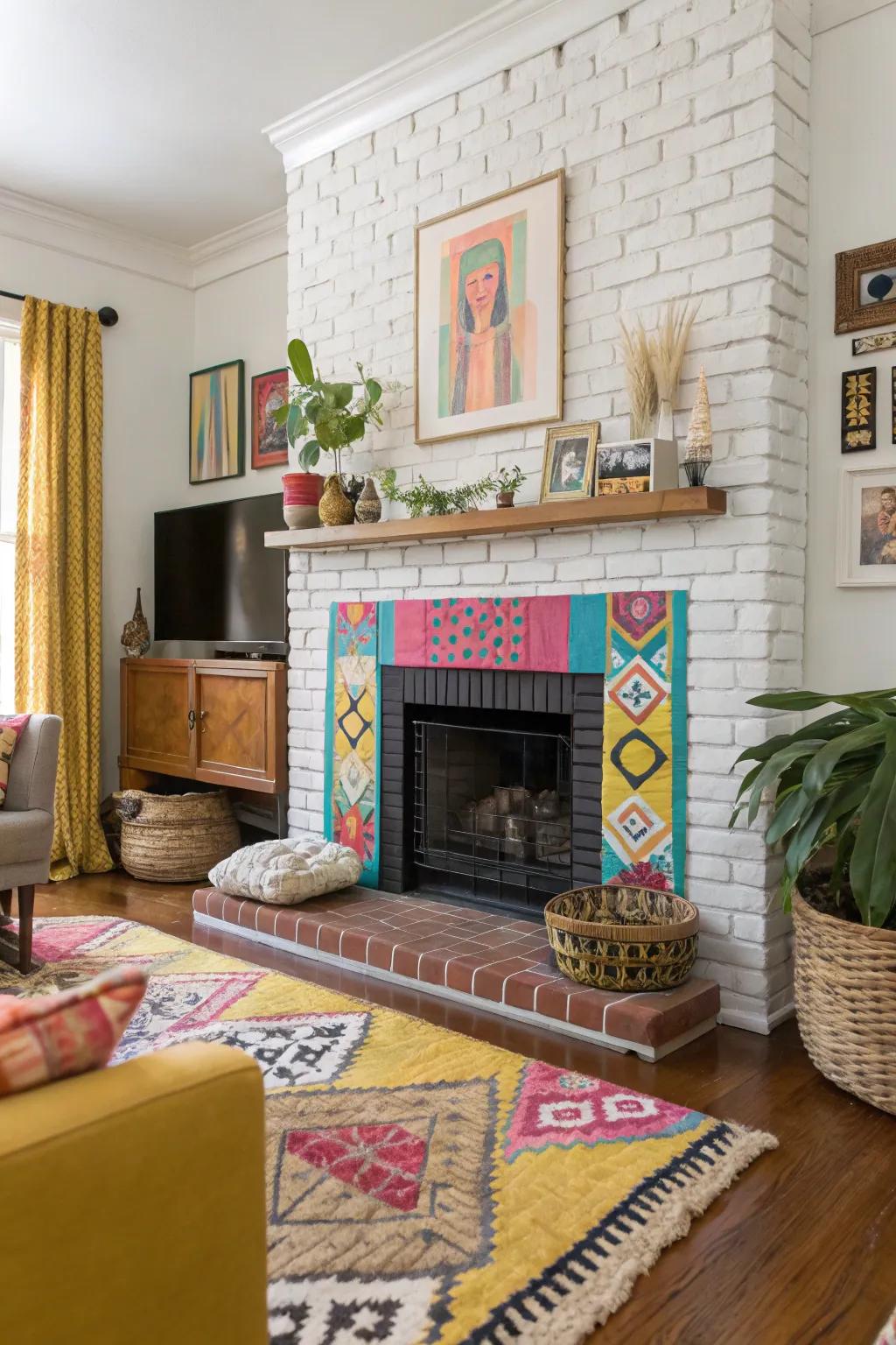 Eccentric colors and patterns bring charm to a painted fireplace.