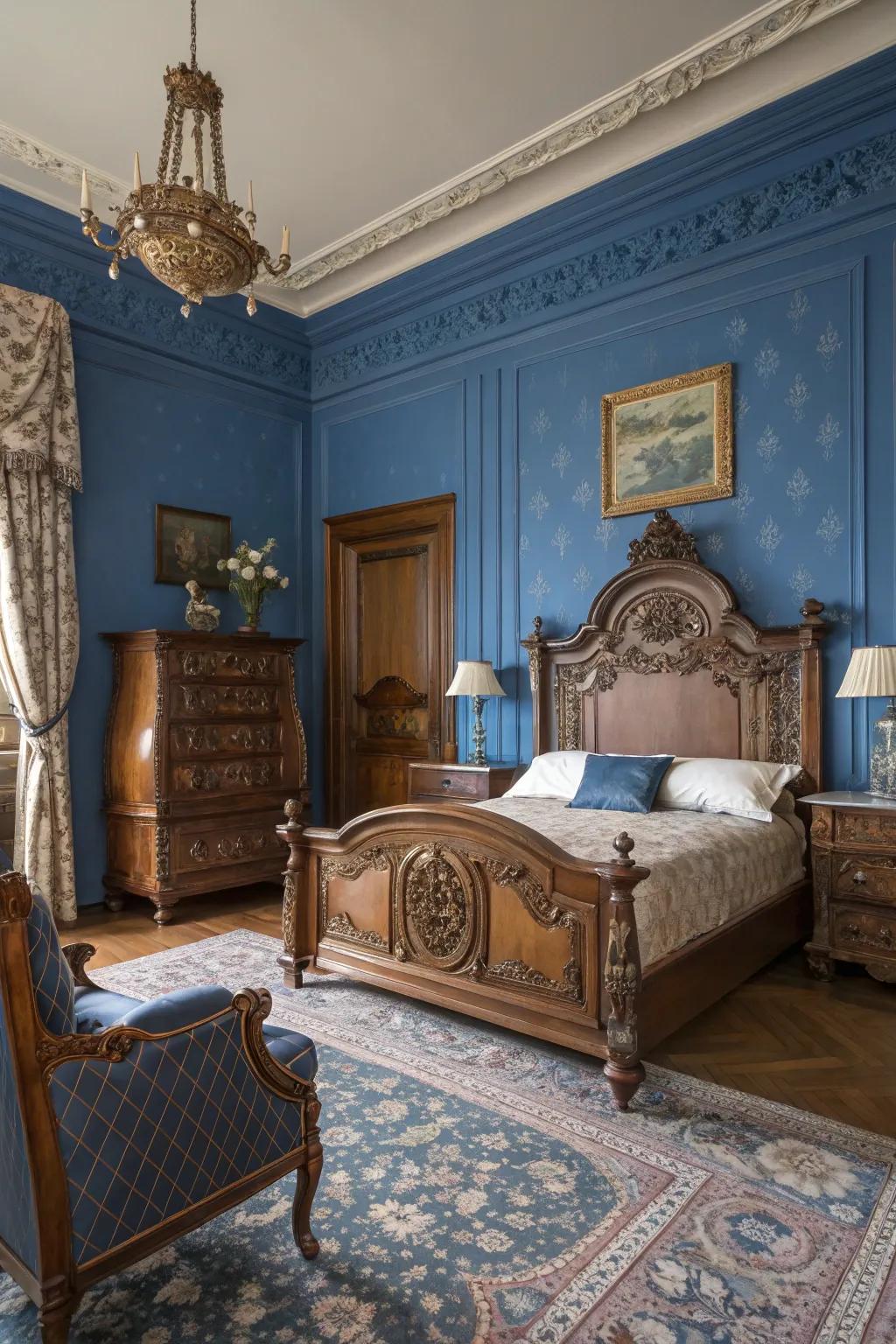 Antique furnishing appends a royal charm to the contemporary regal blue chamber.
