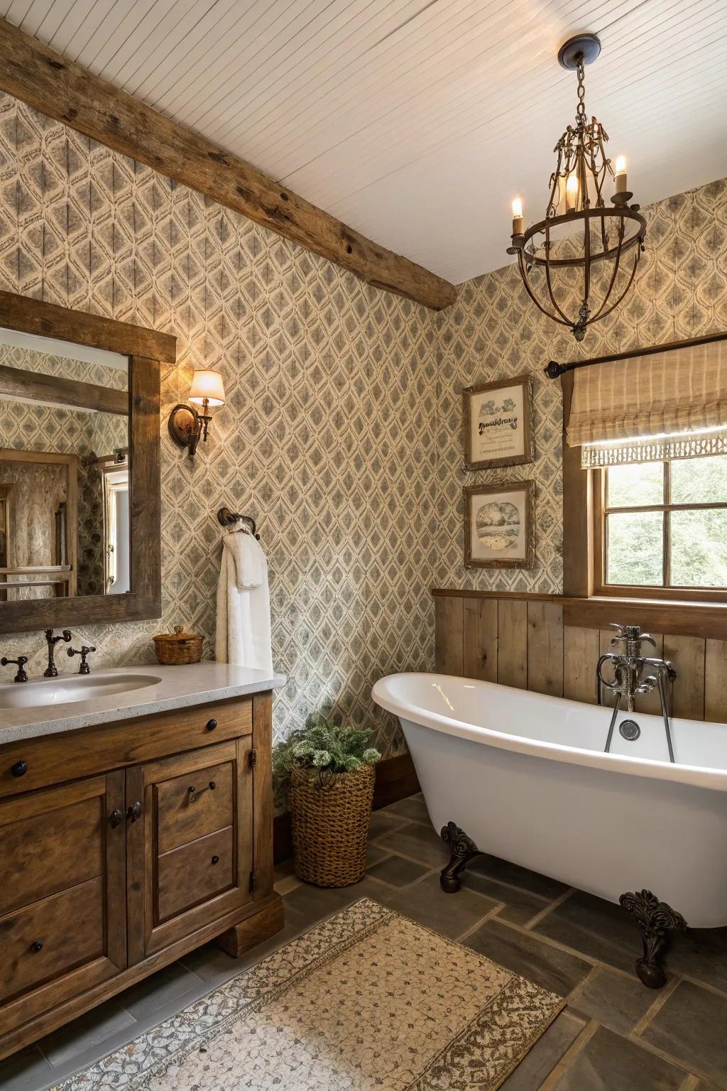 Textured wall covering appends a distinctive character to the farmhouse space.