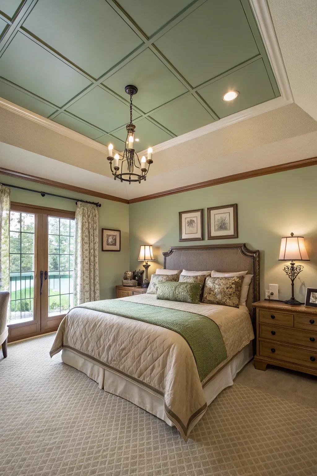 A soft green overhead adds an unexpected touch of depth.