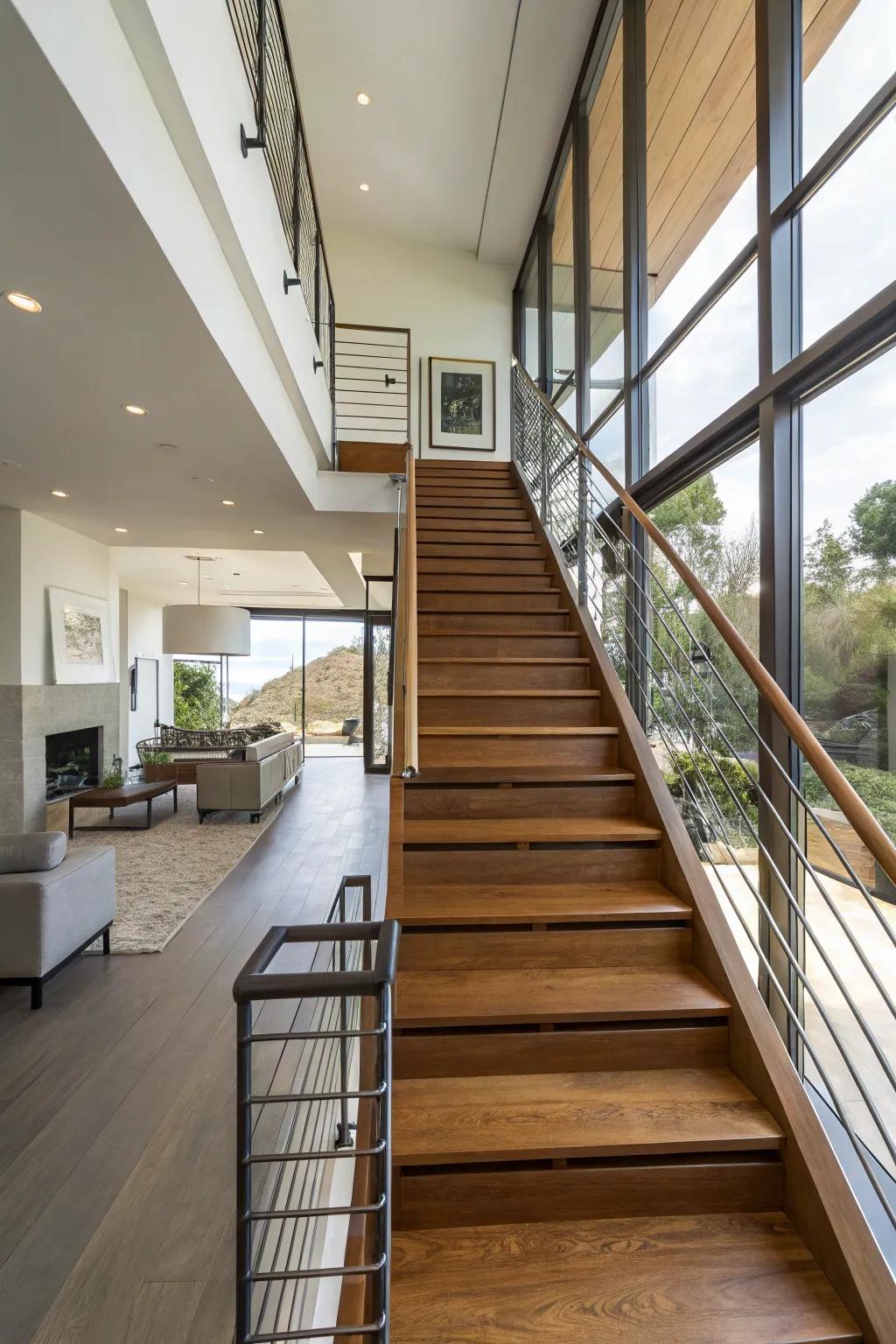 Wood and metal fusion staircases offer a perfect blend of warmth and modernity.