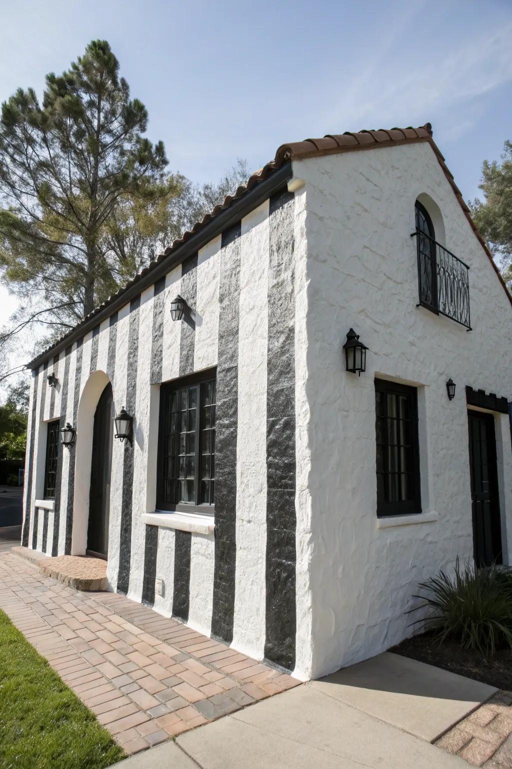 Stucco home with striking black and white contrasts.