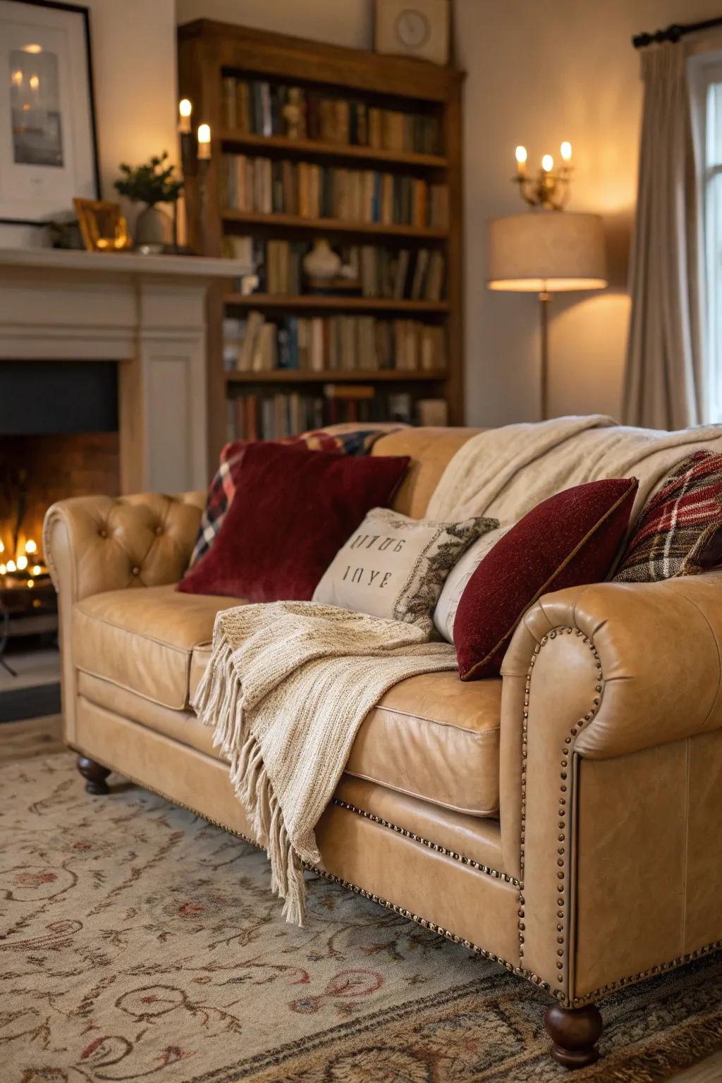Stratified weaves enhance the ease of a russet hide settee.