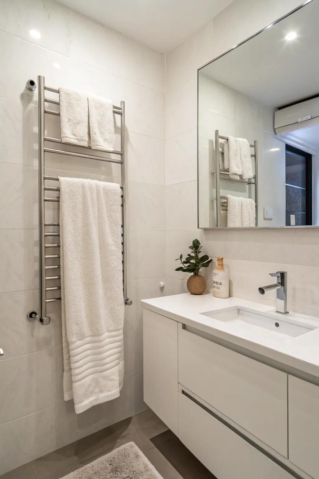 Sleek invisibility with floating towel bars.